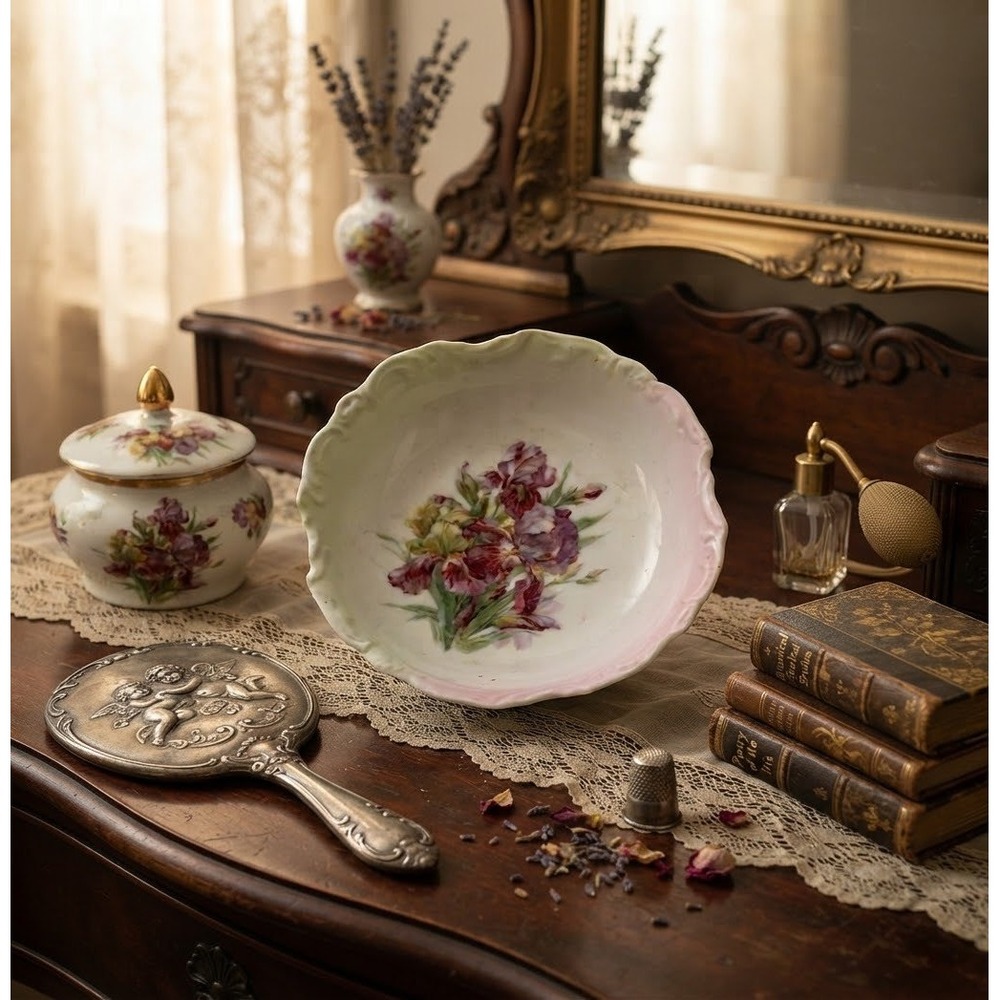 Antique 1900 German Austrian Porcelain Nut Bowl Iris Floral Scalloped Dish 5in